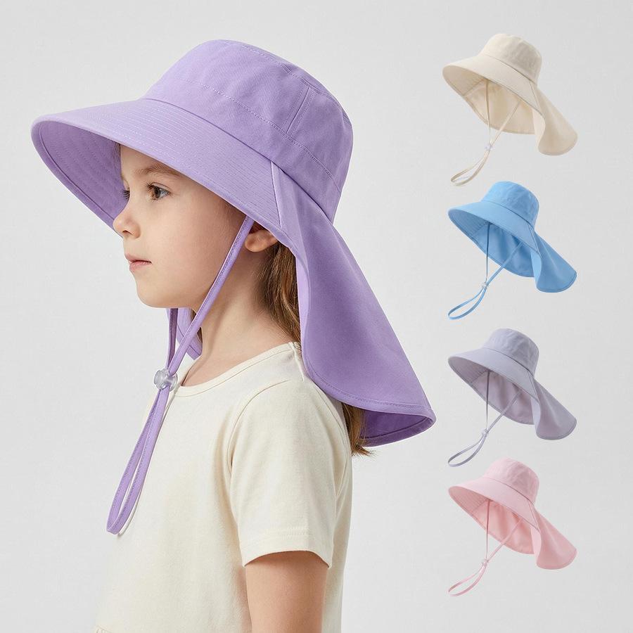 Sun hat for children (female), summer neck protector against UV rays, wide brim, outdoor woven straw hat, open top