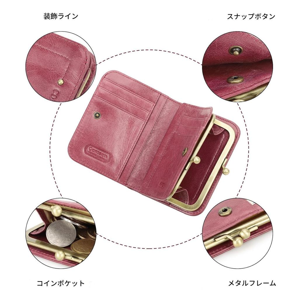 Serie Leather Wallet with RFID 9 Card Coin and Rose Pink Contact's Full-Grain Bi-fold Blocking, Slots, Pocket, Purse, Women's Wallet,