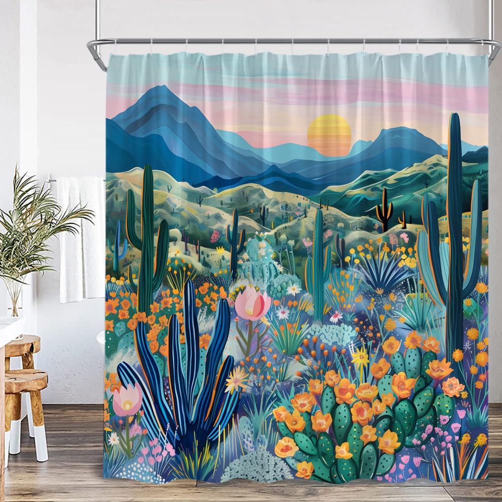 Cactus Cartoon Shower Curtain Desert Green Plant Watercolor Boho Vintage Bathtub Curtain with Hook Home Decorations for Bathro