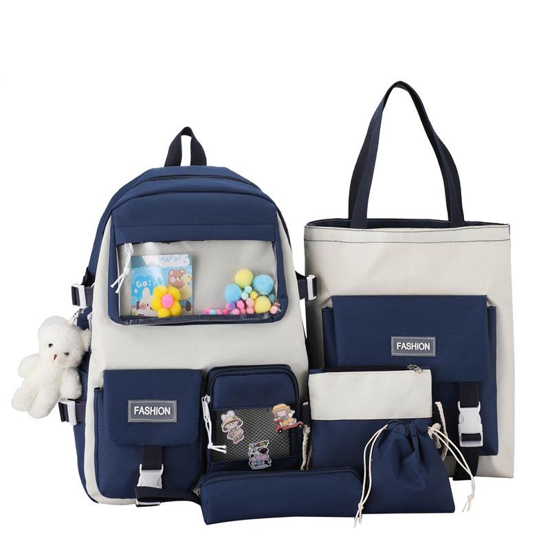 5pcs/set Kawaii School Bags for Teenage Girls Casual Canvas Large Capacity Student Bookbags Women Travel Backpack Shoulder Bags