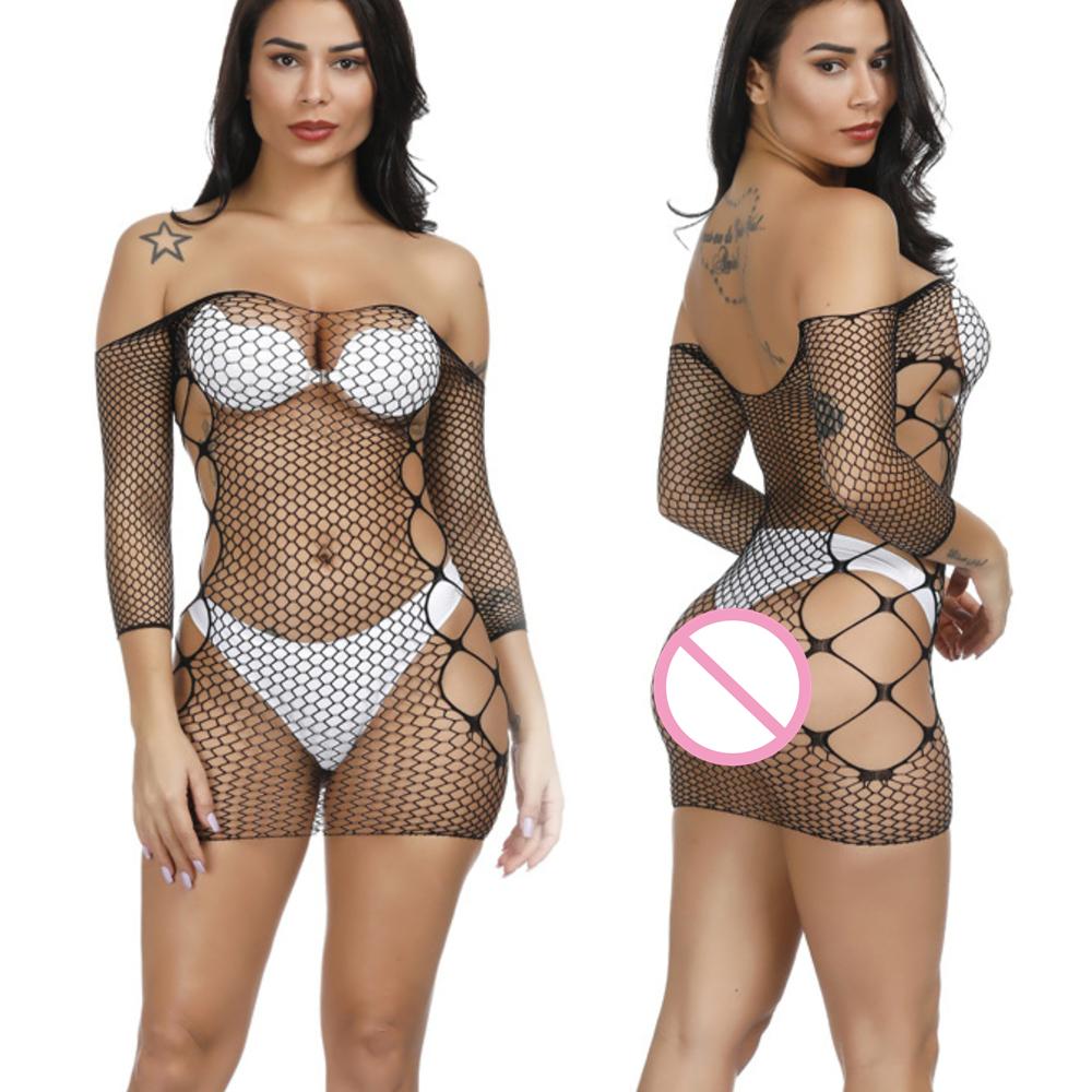 Women's Fishnet Bodycon Dress Night Club Wear Sexy Mesh Hollow Out See Through Mini Dress Erotic Beach Lingerie Nightwear
