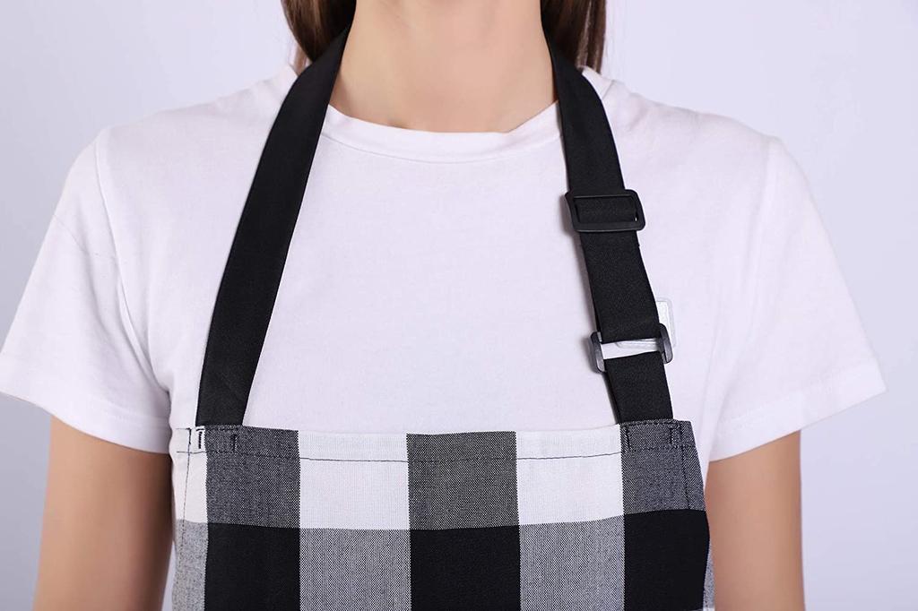 Ladies Cute Ladies Cotton Apron with Adjustable Neck Cute Apron for Kitchen Home Bakery and White [GOENJOYSELF] Apron, Strap, Cooking, (Black Grid)