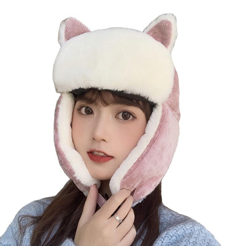Cat ears Lei Feng hat female cute autumn and winter windproof winter cold warm versatile corduroy cotton hat