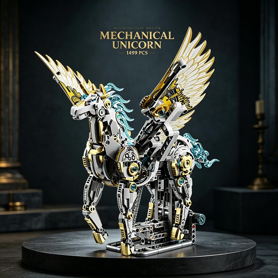 1499 PCS Mechanical Winged Unicorn Model Building Blocks with Motor LED Mythical Pegasus Alicorn Animal Bricks Toys Kids Gifts