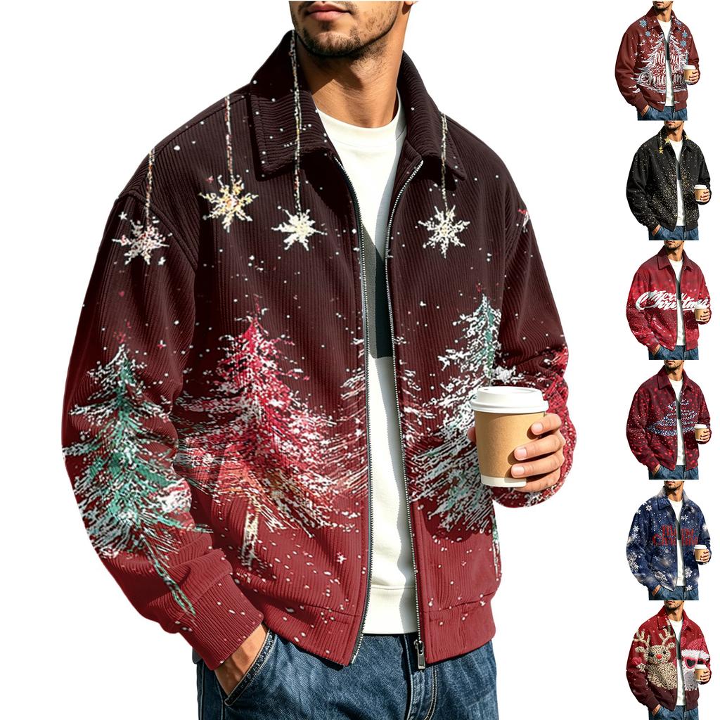 Men's Christmas Print Zip-Up Jacket, Loose Fit Casual Lapel Collar Outerwear for Holiday