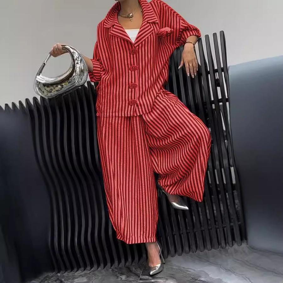 New Autumn Commute Style Floral Striped Loose Blazer Casual Suit Set
