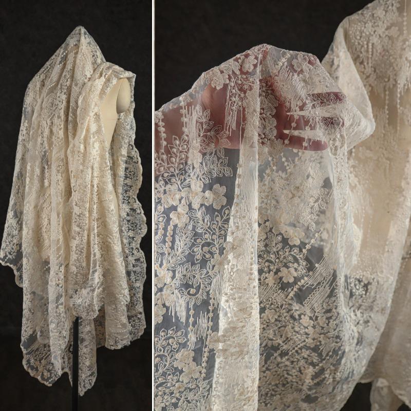 

Pattern Lace Tulle Off-White Embroidered Floral Fabric Designer Creative DIY Semi-Transparent Wedding Dress Skirt Designer 50x120cm