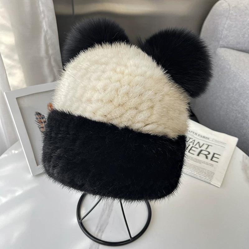 

Mink Woven Hat Cute Mink Mickey Hat Female Autumn and Winter Warm Fox Hairball Ear Protector Thickened Bear Hat One size (55-60cm)