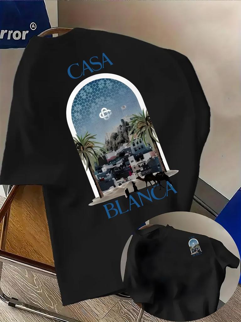 Herren T-Shirt mit marokkanischer Stadtarchitektur Stranddruck Reiner Baumwollstoff mit Casablanca Schriftzug - Sportliches und lässiges Damen YTK T-Shirt