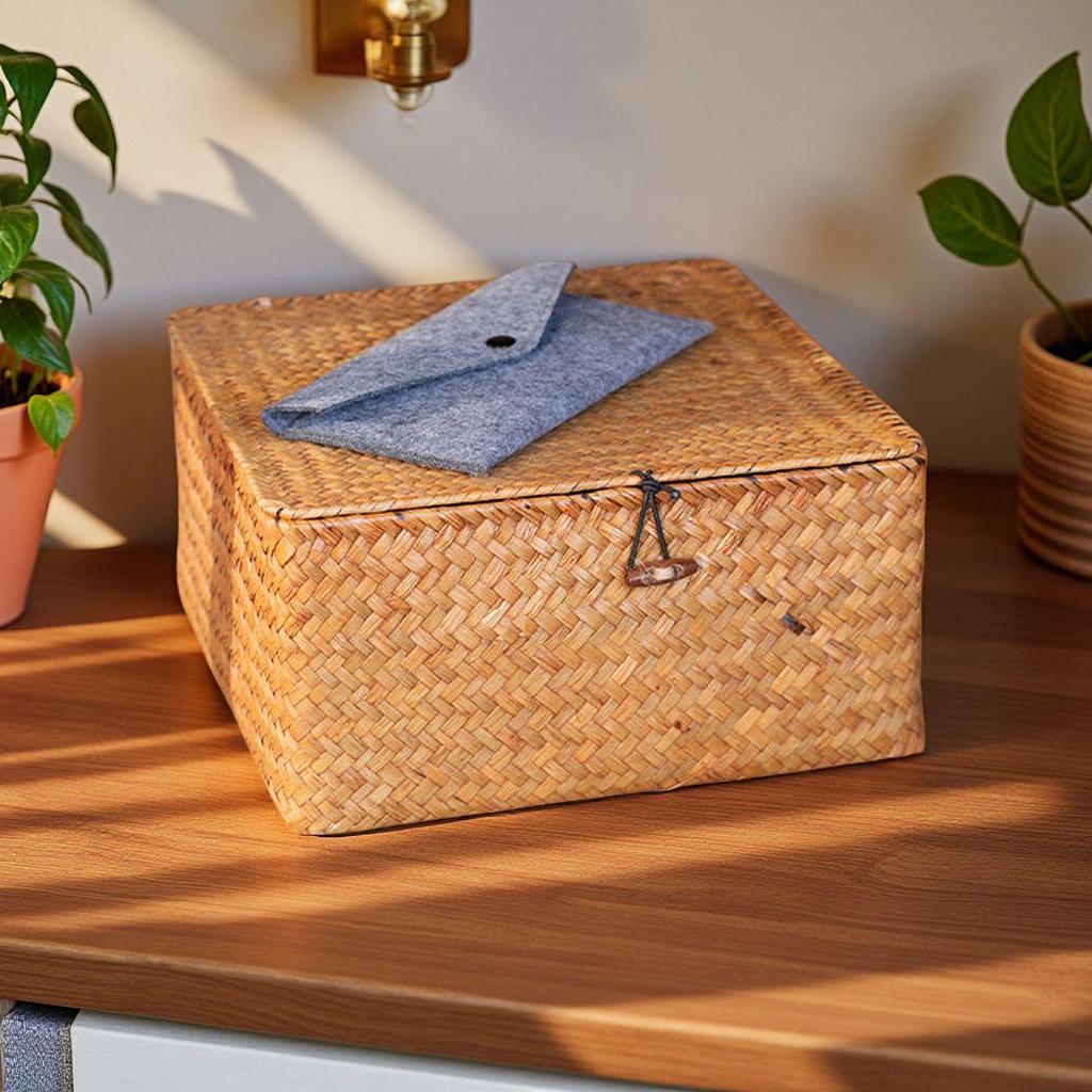 Seagrass Woven Cattail Desktop Storage Box with Lid - 4-Compartment Organizer for Cosmetics, Tea, Coffee Table, or Mooncakes