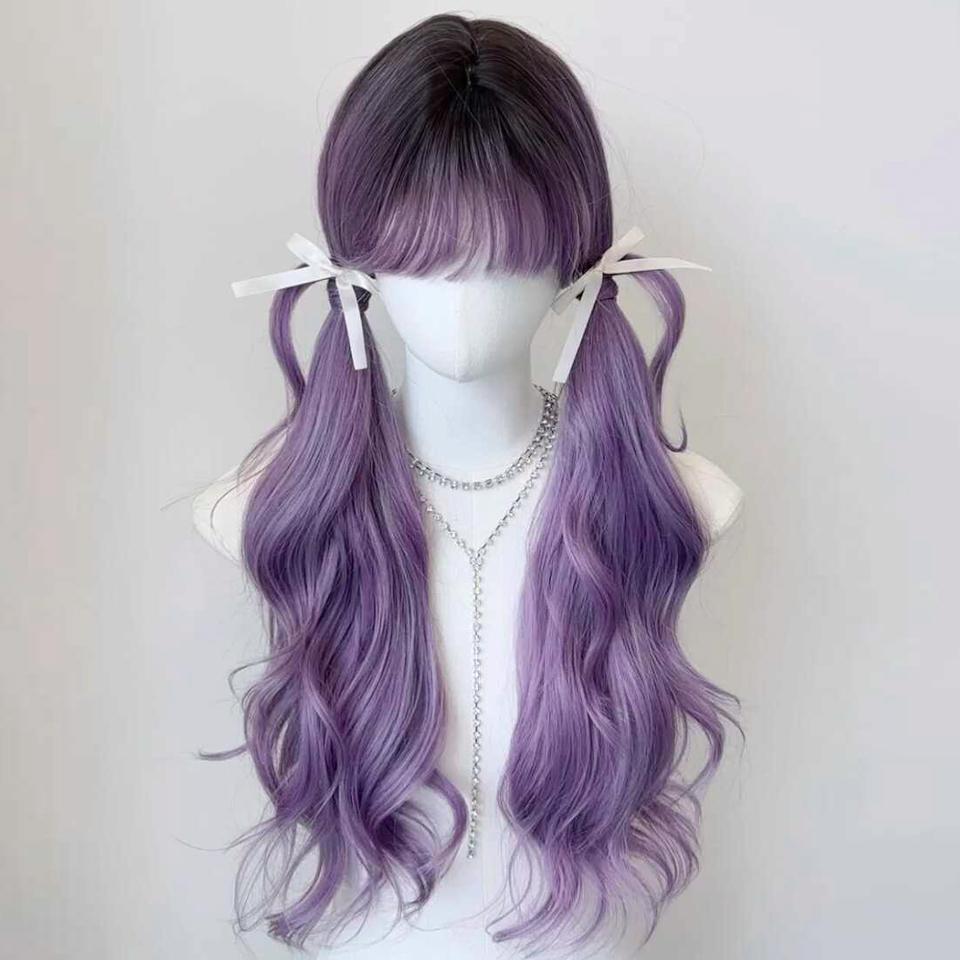 Purple Gradient Synthetic Lolita Wig Long Curly Hair with Bangs Is Suitable For Ladies To Wear In Daily Festivals