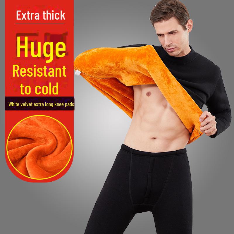 Men's and Women's Plus Velvet Thick Thermal Underwear Suit for Middle-aged and Elderly - Solid Color Winter Set