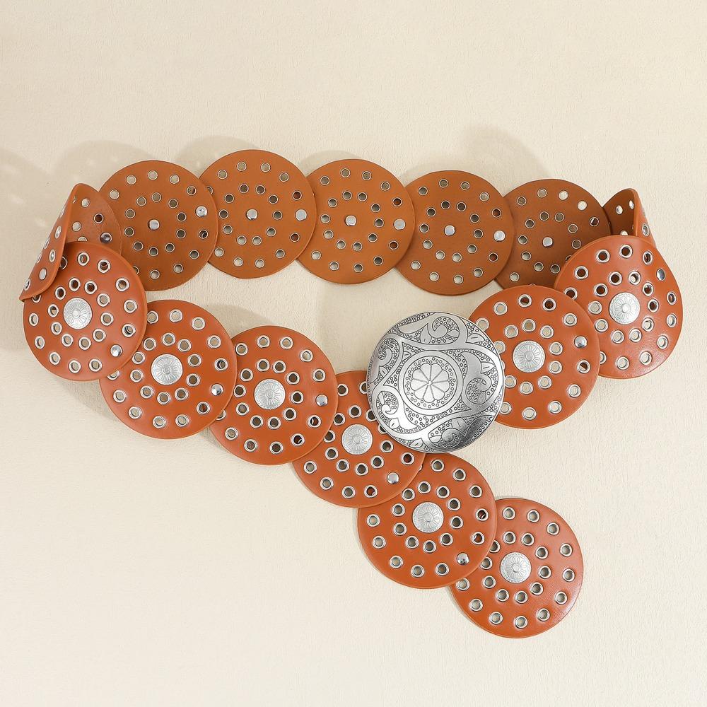 Colorful Cowgirl Buckle Belt Vintage Round PU Hollow Belt Cowboy Waistband Dress Decoration