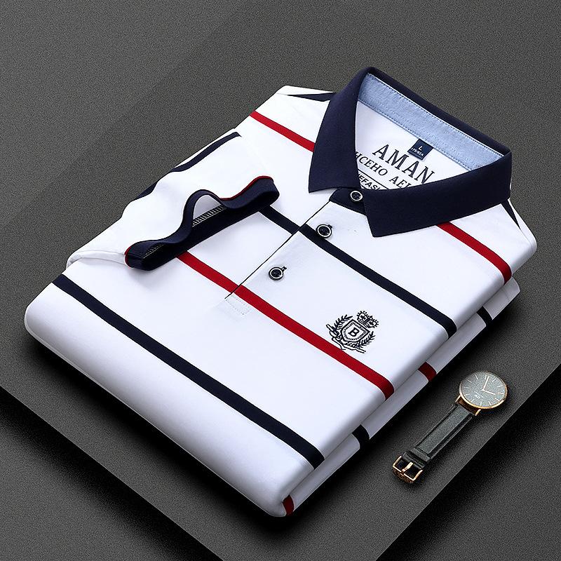 Classic Men'S Striped T-Shirt Short-Sleeved Lapel Cotton T-Shirt Bottoming Shirt Thin Business Polo Shirt
