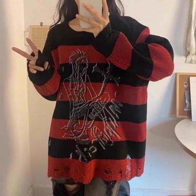Gotycki sweter w paski damski punk Harajuku Y2k vintage z długim rękawem dzianinowy pulower streetwear oversize swetry