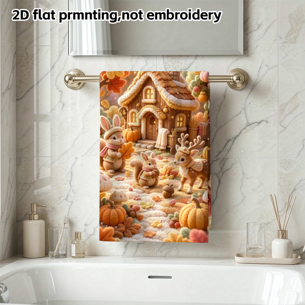 Autumn Felt Forest Cabin Towel Soft Absorbent Bath Towel, Plush Deer And Rabbit Fall Cottage, Kids Decor Shower Towel