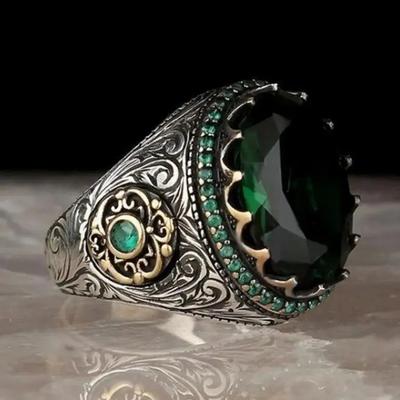 Retro Handmade Turkish Signet Ring For Men Women Ancient Copper Color Carved Eagle Ring Green Zircon Inlay Punk Motor Biker Ring