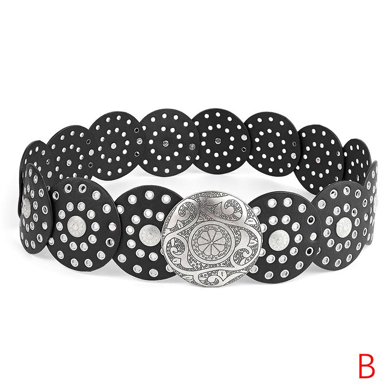 

Широкий пояс Boho Disc для женщин, винтажный, из искусственной кожи, полые, в стиле вестерн, ковбойские ремни с металлической пряжкой, увеличенный круглый пояс серебряный