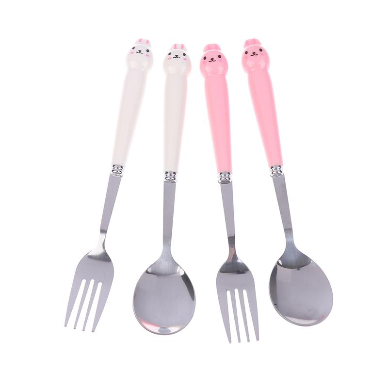 Sada nádobí s kresleným králíkem a lžící a vidličkou z nerezové oceli, hůlky, studentské přenosné nádobí, cestovní příbory s krabičkou