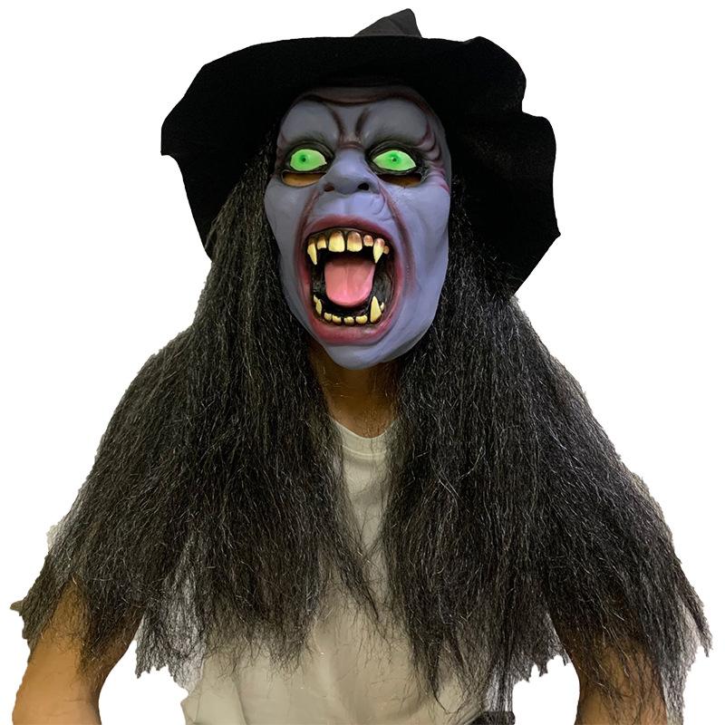 Halloween long-haired ghost face mask, scary witch mask, frightening latex hood, horror long-haired ghost face with hat