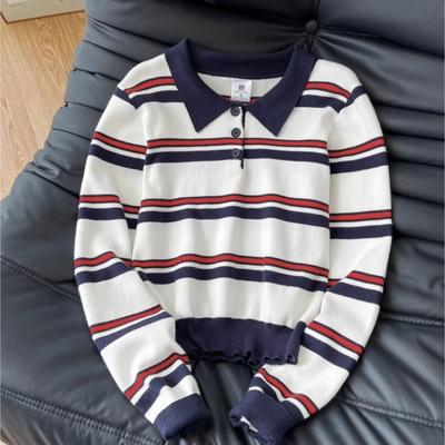 A New Loose and Laid-back Women's Autumn and Winter Sweater with A Contrasting Color Striped POLO Collar and Long Sleeves