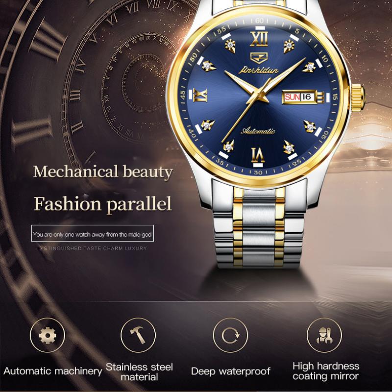JINSHIDUN The New Business and leisure Men's Watch Fully Automatic Mechanical Watch Dual -daily Calendar Night Light Waterproof High -end Watch
