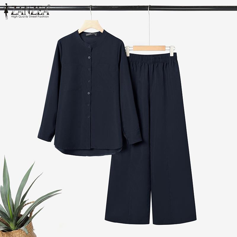 ZANZEA Bluzka z długim rękawem i spodnie damskie, casualowe dwuczęściowe zestawy garniturowe