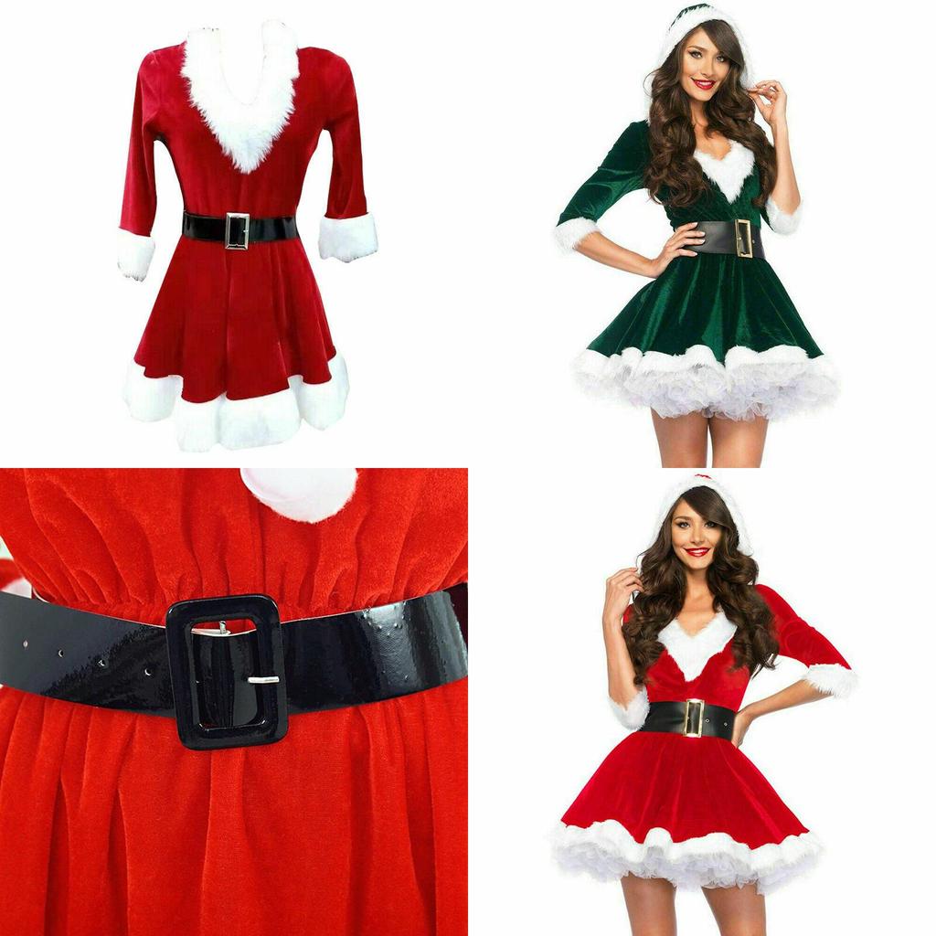 Festliches Weihnachtsmannkostüm für Damen und Mädchen mit weichem Samt und Kunstpelzbesatz