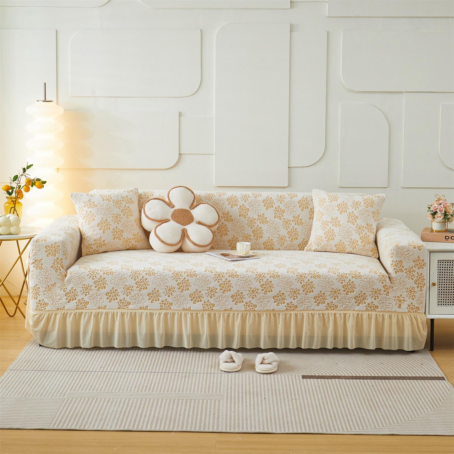 

Высокоэластичный чехол для дивана из флиса с жаккардовым принтом «Пион» 1/2/3/4 с подолом юбки, всесезонный защитный чехол для дивана для домашних животных 1 Seater бежевый