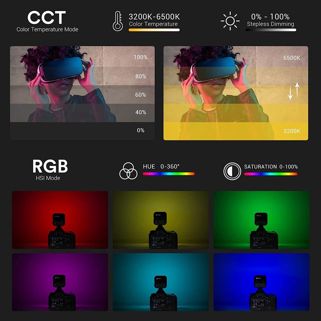 LED 6R RGB Video Light,Dimmable 0-360 Full Color 3200K-6500K 13 FX ...