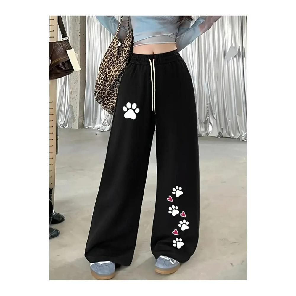 Women's Street Style Casual Sweatpants with Cat Paw Print Spring/Autumn Fit Streetwear For