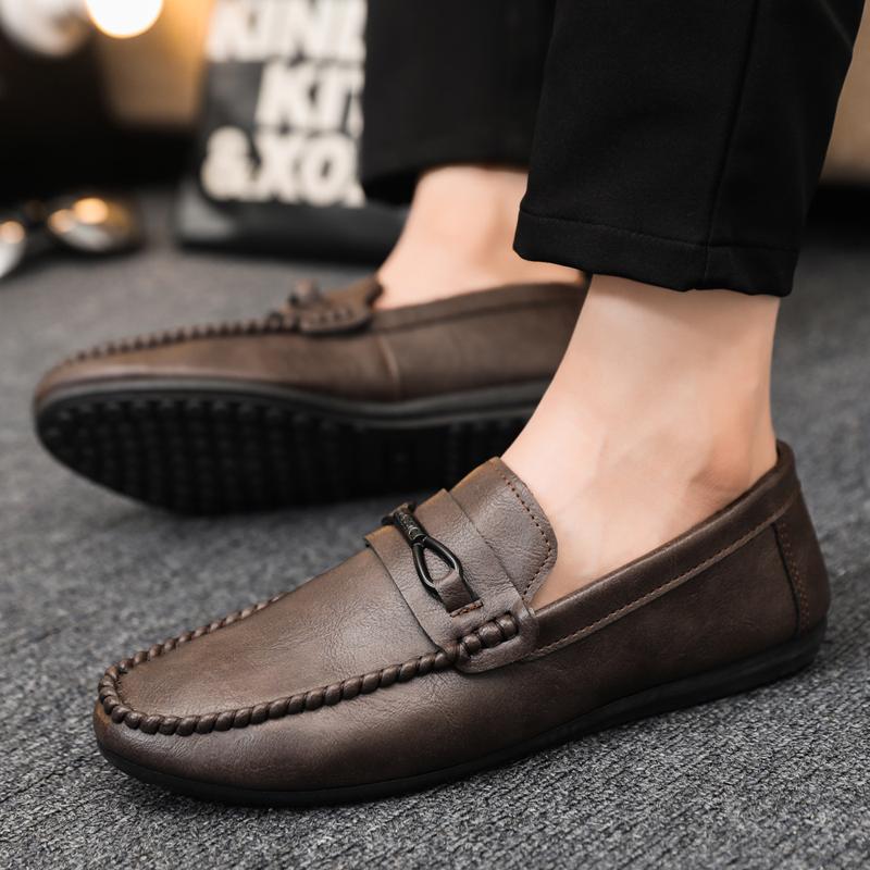 Metal Buckle Black Loafers Leather Mens Slip on Shoes Comfortable Men Casual Shoes Male Driving Footwear Breathable Mens