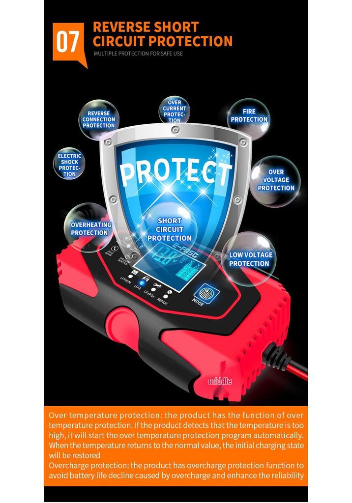 E-FAST 12V/24V Dual Voltage Smart Car & Motorcycle Battery Charger with Screen Display