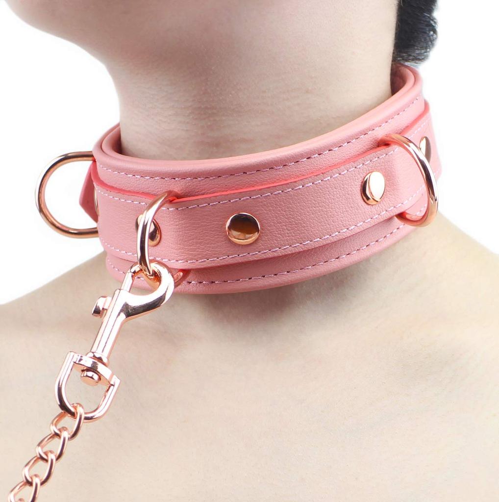 Liebe Seele SM Goods Restraints Genuine Queen High-end Collar, Handcuffs, Set, Leather, Cosplay, Training, (Pink)