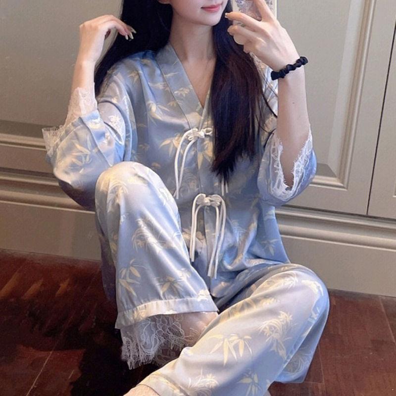 Silk Pajamas Women's Long Sleeve Tops Long Pants Silk Pajamas Two-piece Set Home Clothes Printed Korean Kawaii Clothes Pajamas