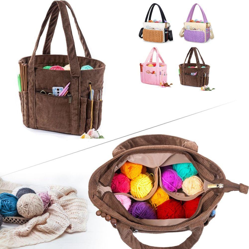 Large Capacity Crochet Yarn Storage Bag Multiple Pockets Craft Storage Yarn Bag Organizer Washable Corduroy Material