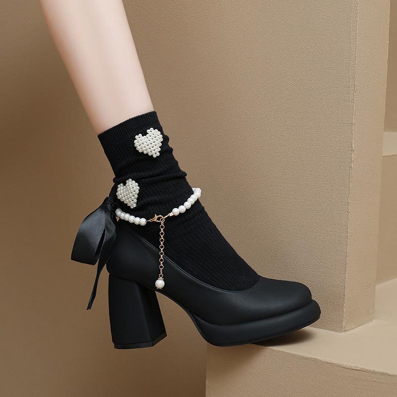 Buty Mary Jane damskie wiosna 2025 nowe kokarda perła pasek jednowyrazowy wysokie obcasy styl wróżkowy gruby obcas pojedyncze buty