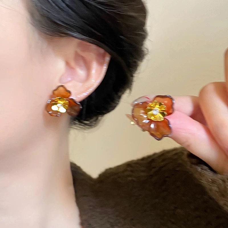 Maillard Amber Retro Hong Kong Style Earrings Women's Light Luxury High-end Niche Earrings Earrings