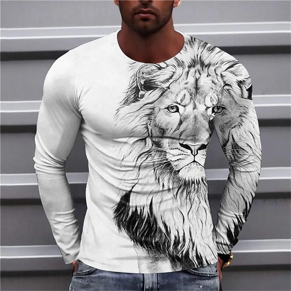 2023 Autumn Plus Size O-Neck Long Sleeve T-shirt Men's Clothing Men's T-shirt 3D Animal Print Top Casual Street Vintage T-shirt
