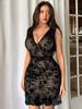 Women Elegant Summer Flocking Mesh Deep V Sleeveless Mini Dress Slim Fit Ruffle Hem Suitable For Vacation And Date, Festival
