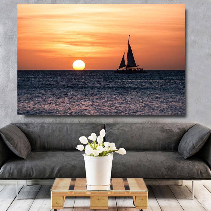 Sailing and Sunset HD Pictures Posters Prints Sailboat Surreal Ocean Birds Landscape Canvas Painting Wall Art Living Room Decor