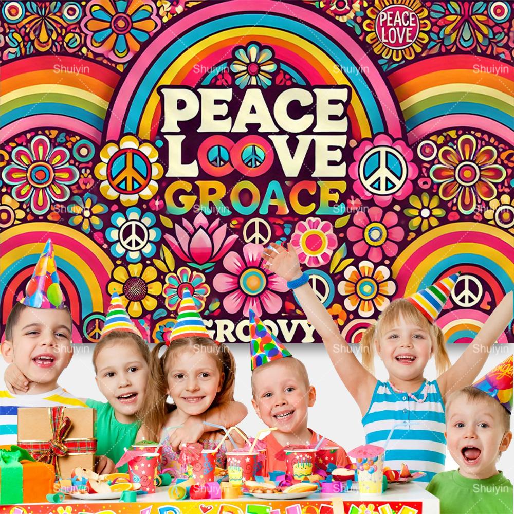 Colorful Peace Love Retro Hippie Bus Dyed Backdrop Kids Birthday Party Decorations Bohemian Style Guitar Floral Photography Prop