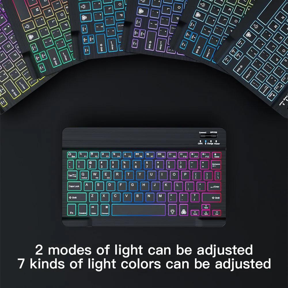 Russian Backlit Bluetooth Keyboard and Mouse, Compatible with iPad, Phones, Tablets, featuring Spanish and Arabic Layout with Seven-Color Lighting.