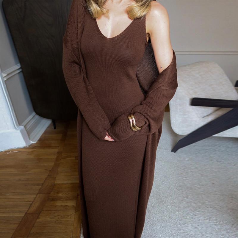 Hirsionsan Měkké Volné Sety Dámské Třídílné Dlouhý Rukáv Kardigan & Sexy Vesta Šaty Elegantní Dámské Vykrojené Oblečení Tepláková Souprava