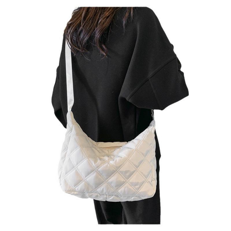 New Casual Shoulder Bag Embroidery Thread Rhombus Down Cotton Clothes Bag Dumpling Bag Versatile Messenger Bag Women's Bag