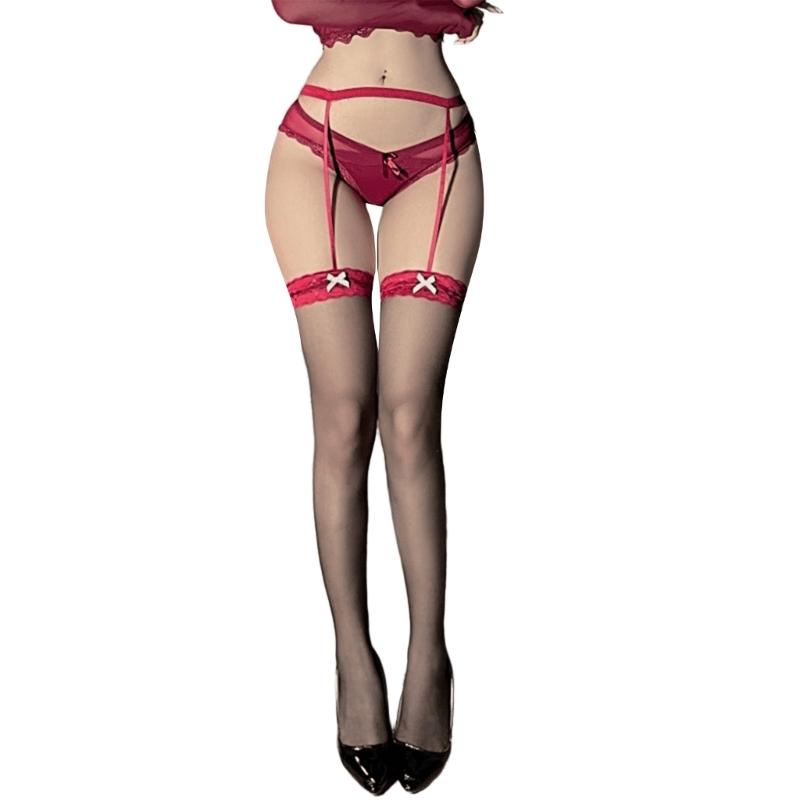 Womens See Through Thigh High Stockings with Garter Belt Cute Bowknot Sheer Silk Pantyhose Suspender Tights Lingerie