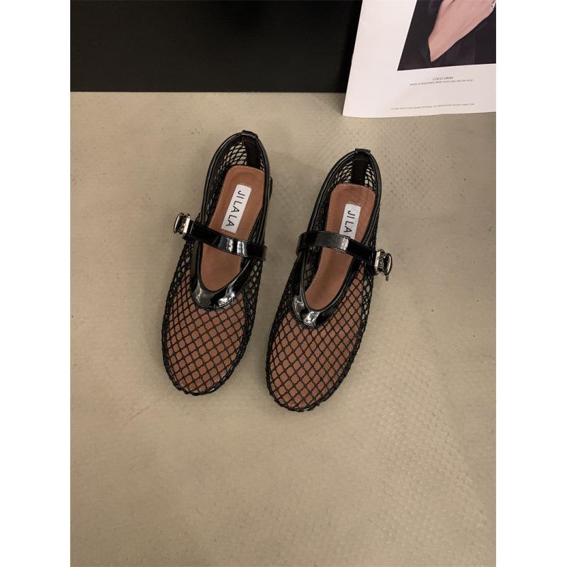 Fishnet Shoes Ballet Shoes Women's 2025 New Mesh One-word Buckle Outer Wear Flat Bottom Hollow Retro Mary Jane Single Shoes