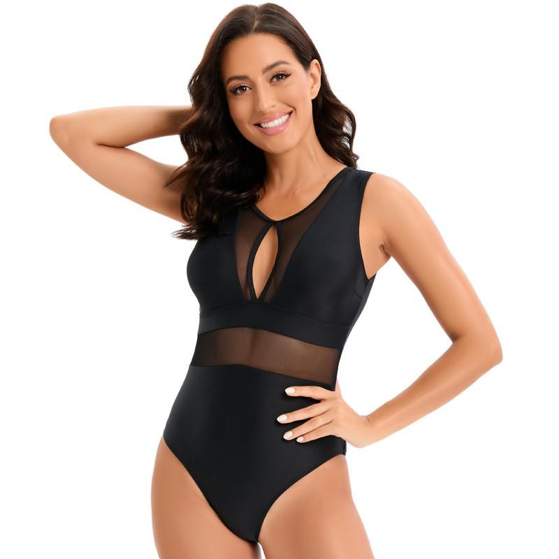 Womens One-Piece Swimsuit With Mesh Panel Solid Color Padded Bust Slimming Fit Swimming Beach Vacation