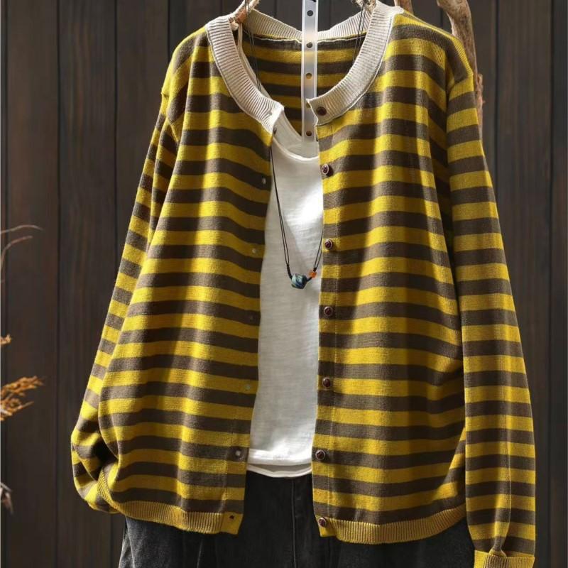 Johnature Women Vintage Striped Sweaters O-Neck Long Sleeve Knitted Soft Autumn Button Casual Female Sweaters