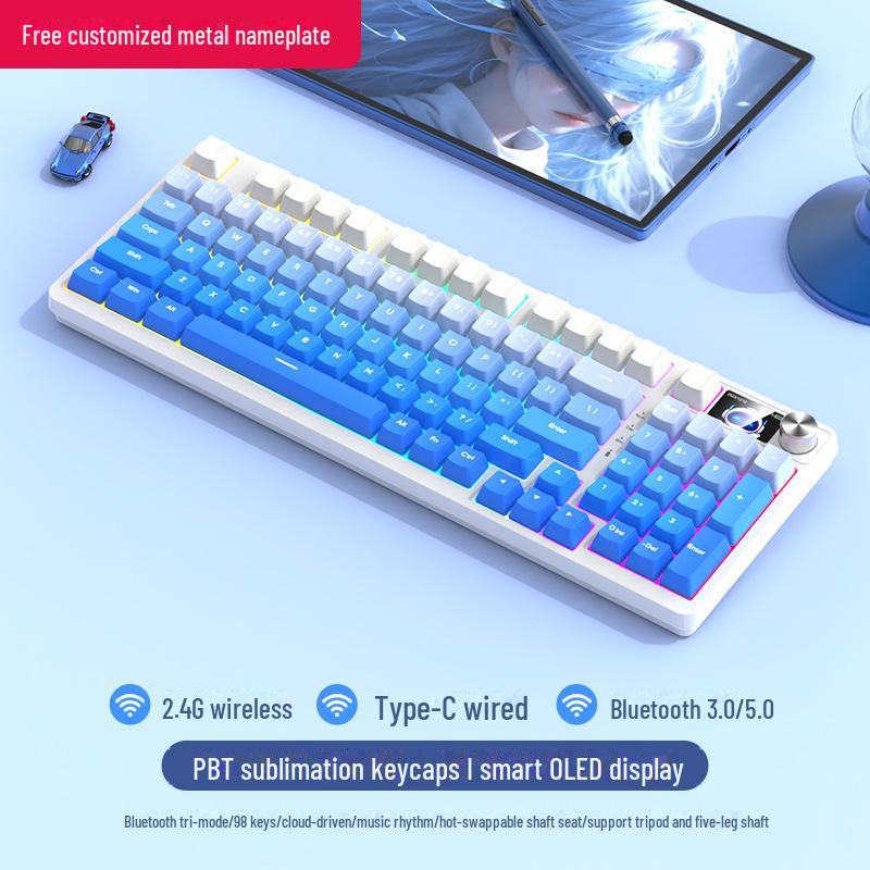 Tastatură mecanică de gaming wireless Bluetooth tri-mode cu 98 de taste și comutatoare personalizabile (Albastru, Negru, Ceai, Roșu) și design cu înlocuire la cald.